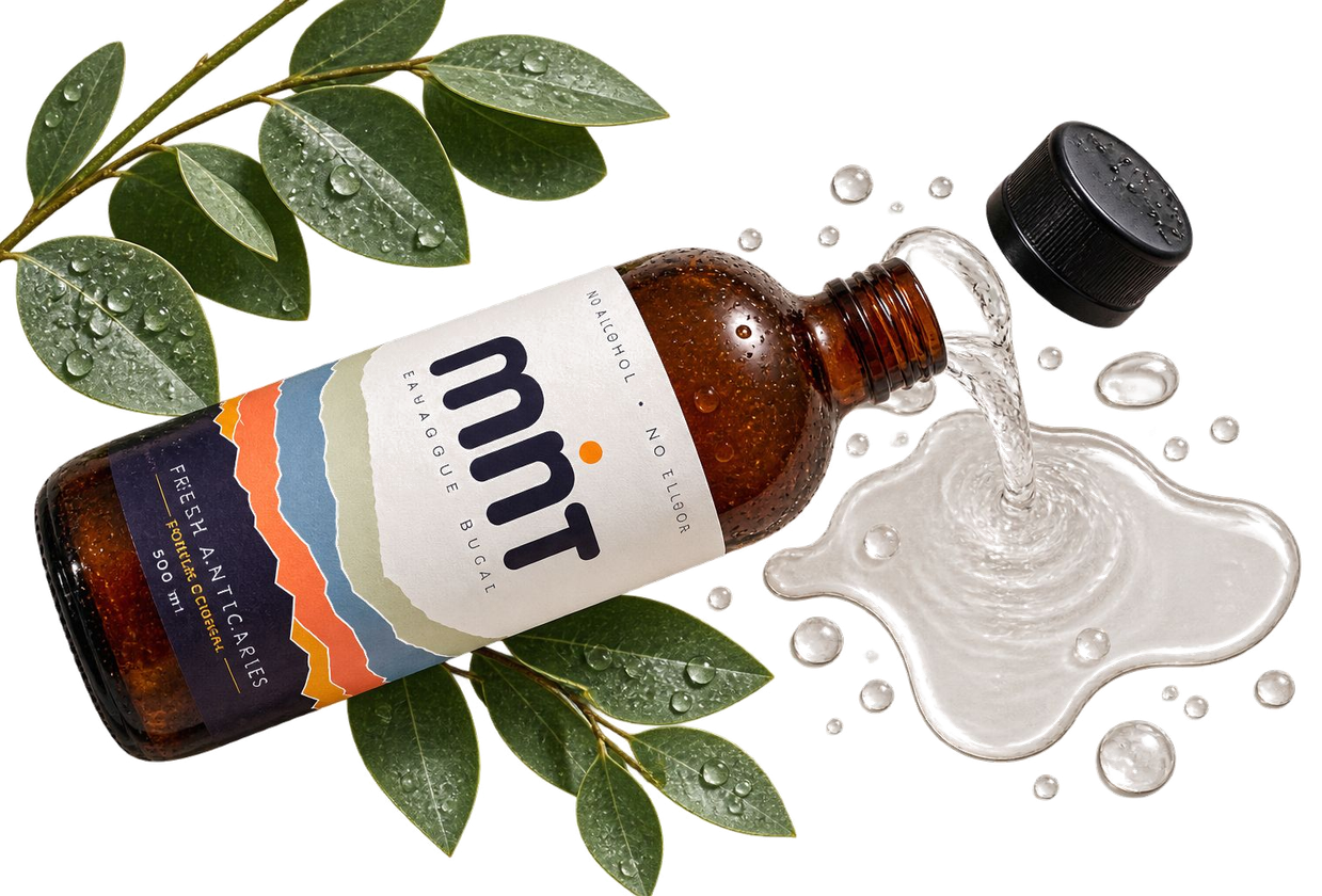 Botella de enjuague bucal MNT con hojas naturales, representando la línea de enjuagues botánicos MNT