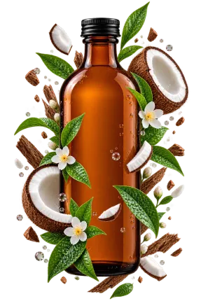 Botella MNT rodeada de coco, hojas de té verde y flores